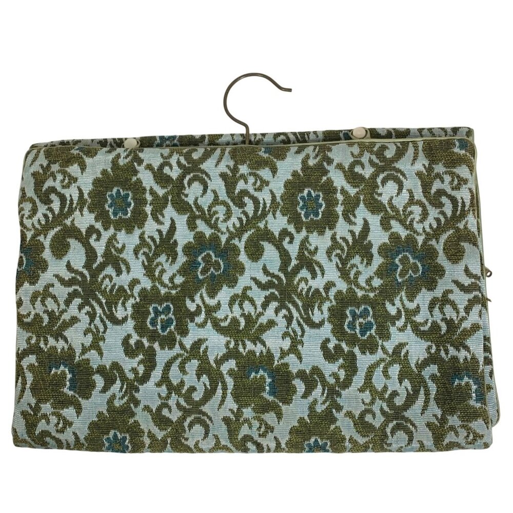 60s Hanging Fold Jewelry Lingerie Organizer Bag Green Floral Damask Talon Zipper - Picture 3 of 5